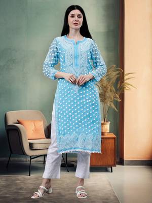 hand embroidered blue georgette lucknowi chikan kurta with slip 1