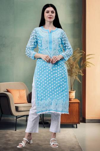 hand embroidered blue georgette lucknowi chikan kurta with slip