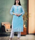 hand embroidered blue georgette lucknowi chikan kurta with slip