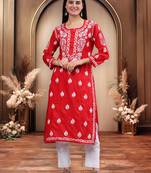 Seva chikan hand embroidered red cotton lucknowi chikan kurta