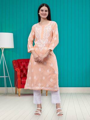 hand embroidered peach cotton lucknowi chikan kurta 1