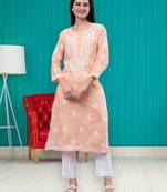 hand embroidered peach cotton lucknowi chikan kurta