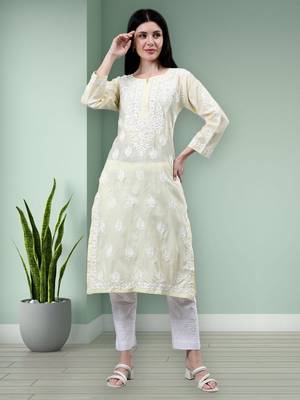 hand embroidered lemon cotton lucknowi chikan kurta 1