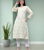 hand embroidered lemon cotton lucknowi chikan kurta