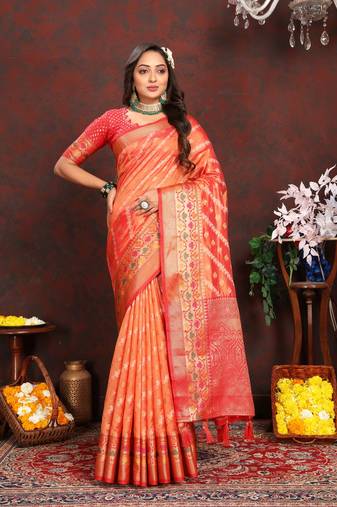 Vedant Vastram Women'S Orange Color Kanjeevaram Organza Silk Blend Saree 