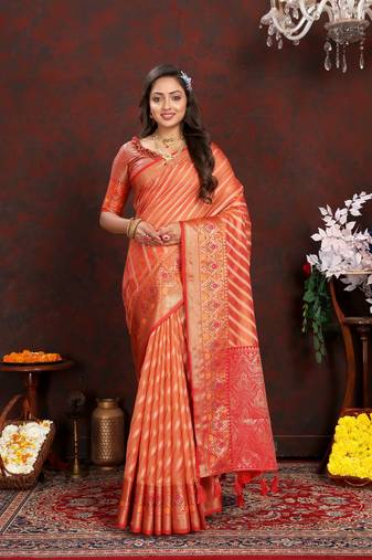 Vedant Vastram Women'S Peach Color Kanjeevaram Organza Silk Blend Saree 