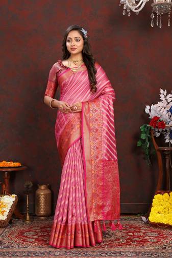 Vedant Vastram Women'S Pink Color Kanjeevaram Organza Silk Blend Saree 