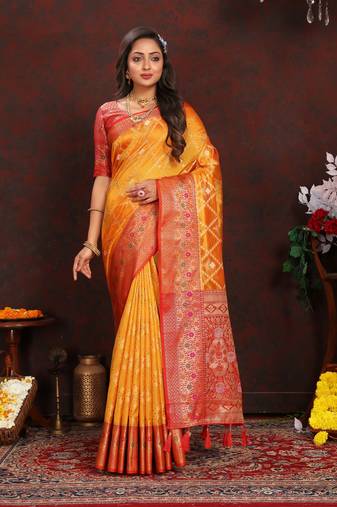 Vedant Vastram Women'S Mustard Color Kanjeevaram Organza Silk Blend Saree 