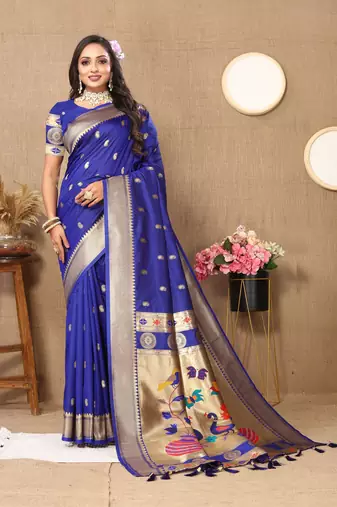 Vedant Vastram Women'S Blue Color Paithani Silk Blend Saree 