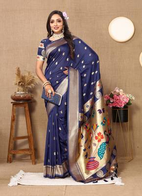 Vedant Vastram Women'S Navy Blue Color Paithani Silk Blend Saree  3