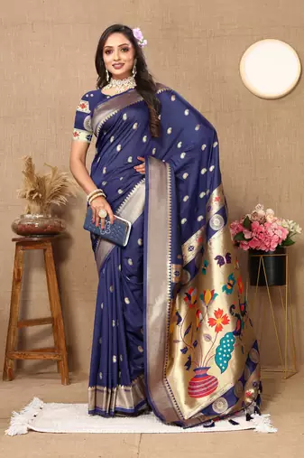 Vedant Vastram Women'S Navy Blue Color Paithani Silk Blend Saree 