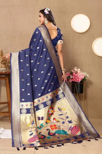 Vedant Vastram Women'S Navy Blue Color Paithani Silk Blend Saree 