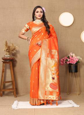 Vedant Vastram Women'S Orange Color Paithani Silk Blend Saree  1
