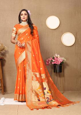 Vedant Vastram Women'S Orange Color Paithani Silk Blend Saree  3