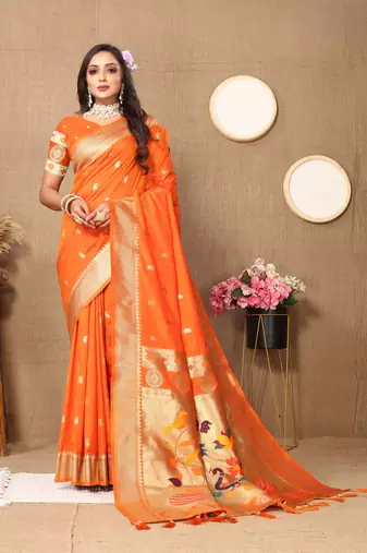 Vedant Vastram Women'S Orange Color Paithani Silk Blend Saree 