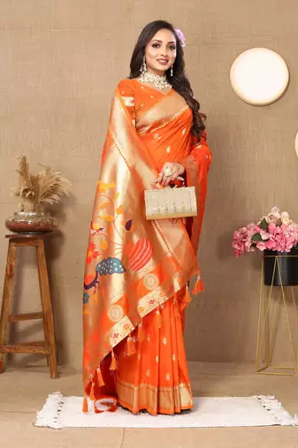 Vedant Vastram Women'S Orange Color Paithani Silk Blend Saree 