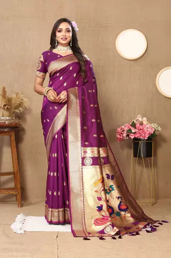 Vedant Vastram Women'S Purple Color Paithani Silk Blend Saree 