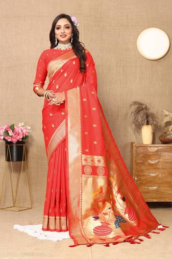 Vedant Vastram Women'S Red Color Paithani Silk Blend Saree 