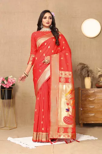 Vedant Vastram Women'S Red Color Paithani Silk Blend Saree 