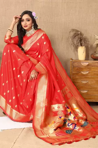 Vedant Vastram Women'S Red Color Paithani Silk Blend Saree 