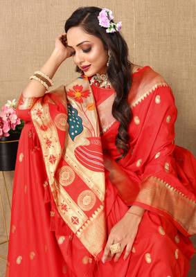 Vedant Vastram Women'S Red Color Paithani Silk Blend Saree  6