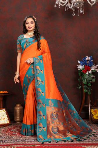 Vedant Vastram Women'S Orange Color Paithani Silk Blend Saree 
