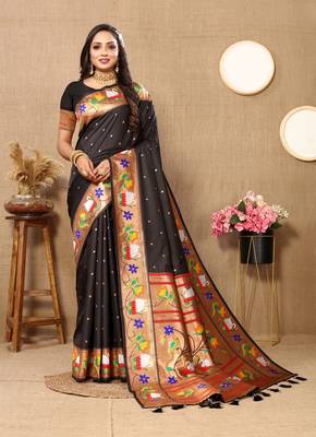 Vedant Vastram Women'S Black Color Paithani Silk Blend Saree  1
