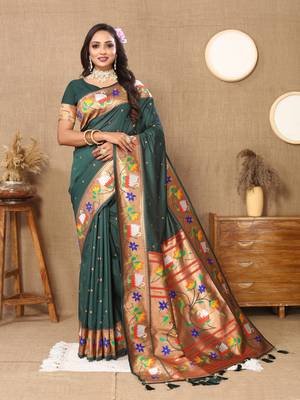 Vedant Vastram Women'S Bottle Green Color Paithani Silk Blend Saree  4