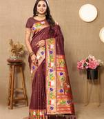 Vedant Vastram Women'S Brown Color Paithani Silk Blend Saree