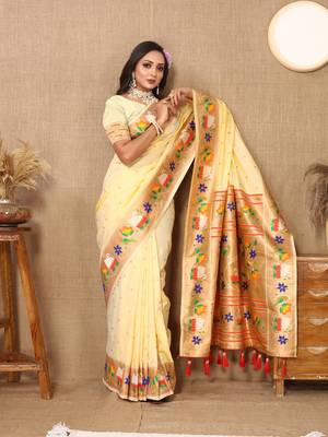 Vedant Vastram Women'S Cream Color Paithani Silk Blend Saree  4