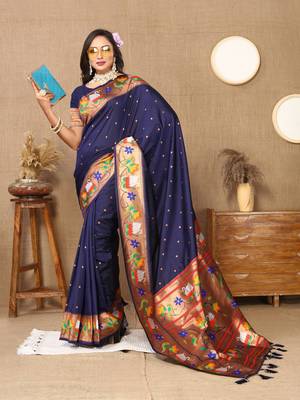 Vedant Vastram Women'S Navy Blue Color Paithani Silk Blend Saree  4