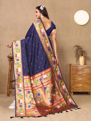 Vedant Vastram Women'S Navy Blue Color Paithani Silk Blend Saree  5