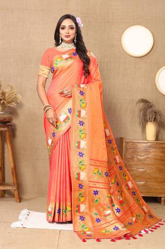 Vedant Vastram Women'S Peach Color Paithani Silk Blend Saree 