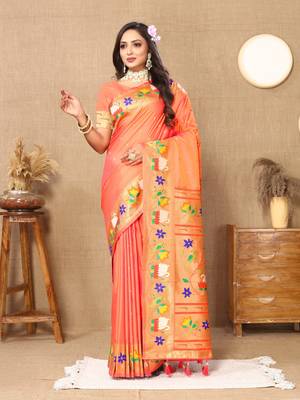 Vedant Vastram Women'S Peach Color Paithani Silk Blend Saree  3