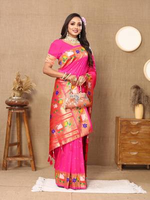 Vedant Vastram Women'S Pink Color Paithani Silk Blend Saree  4