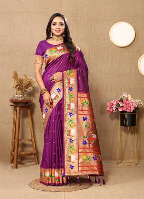 Vedant Vastram Women'S Purple Color Paithani Silk Blend Saree  1