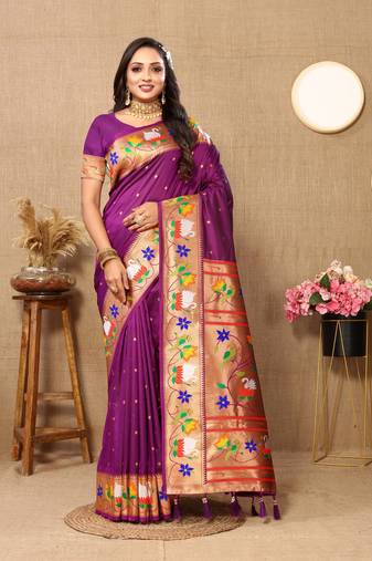 Vedant Vastram Women'S Purple Color Paithani Silk Blend Saree 