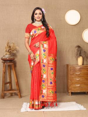 Vedant Vastram Women'S Red Color Paithani Silk Blend Saree  1