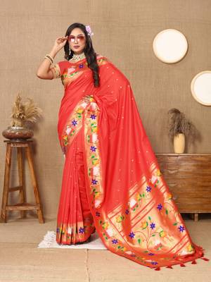 Vedant Vastram Women'S Red Color Paithani Silk Blend Saree  4