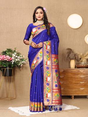 Vedant Vastram Women'S Royal Blue Color Paithani Silk Blend Saree  1