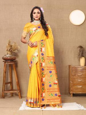 Vedant Vastram Women'S Yellow Color Paithani Silk Blend Saree  1