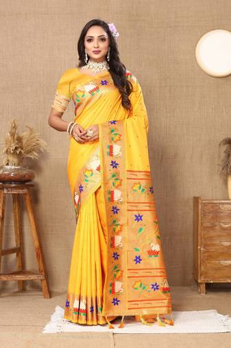 Vedant Vastram Women'S Yellow Color Paithani Silk Blend Saree 