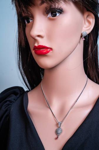 Zirconium faux diamond pendant set, silver plated cz necklace set,american diamond,indian jewellery