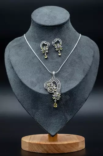 Zirconium faux diamond pendant set, silver plated cz necklace set,american diamond,indian jewellery