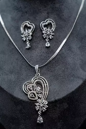 Zirconium faux diamond pendant set, silver plated cz necklace set,american diamond,indian jewellery