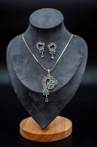 Zirconium faux diamond pendant set, silver plated cz necklace set,american diamond,indian jewellery