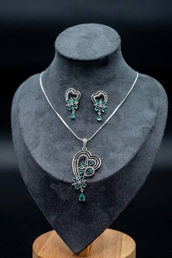 Zirconium faux diamond pendant set, silver plated cz necklace set,american diamond,indian jewellery