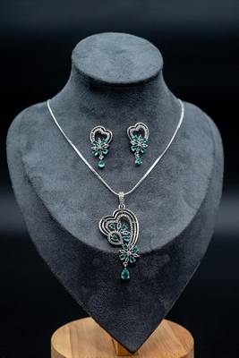 Zirconium faux diamond pendant set, silver plated cz necklace set,american diamond,indian jewellery 2