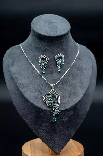 Zirconium faux diamond pendant set, silver plated cz necklace set,american diamond,indian jewellery