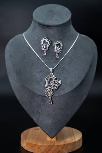Zirconium faux diamond pendant set, silver plated cz necklace set,american diamond,indian jewellery